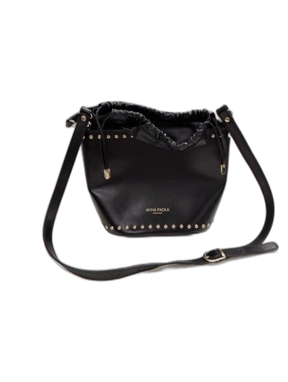Anna Paola Black Genuine Leather Bucket Bag Italy Gold Hardware Drawstring